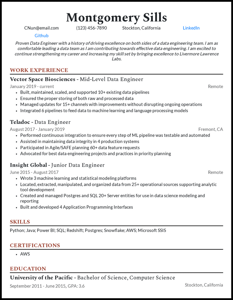 This image is an example of an intermediate-level data engineer resume.